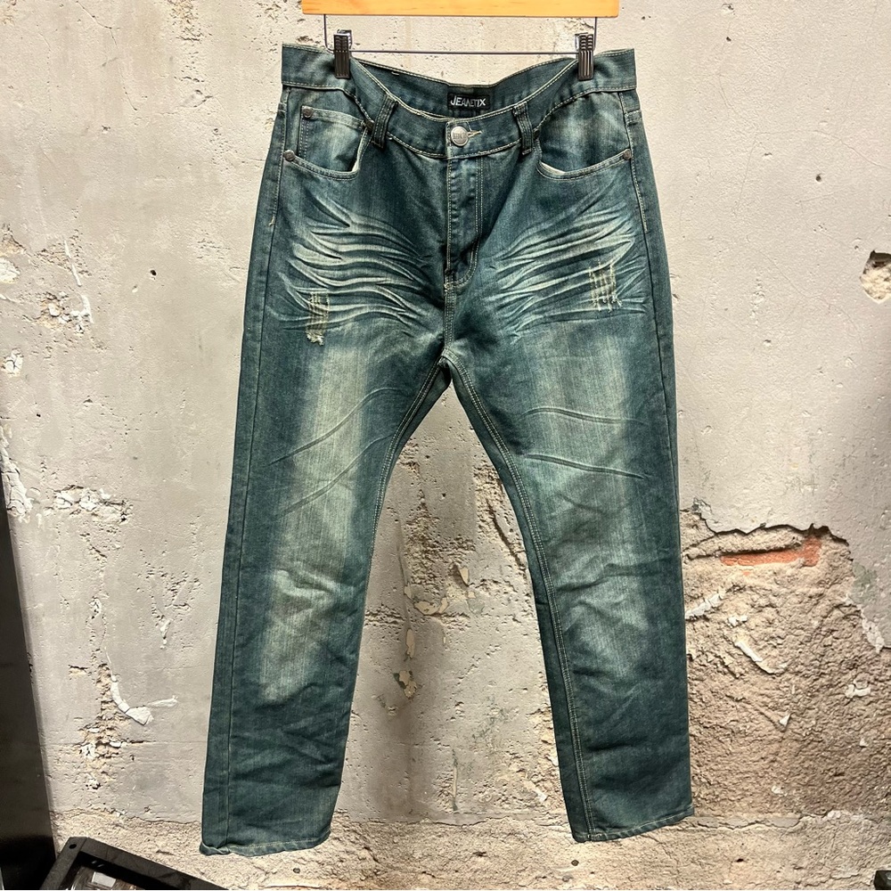 JeanETix Gray Dark Wash Straight Leg Whisker Dye Y2K Flap Pocket Jeans  36x32 36